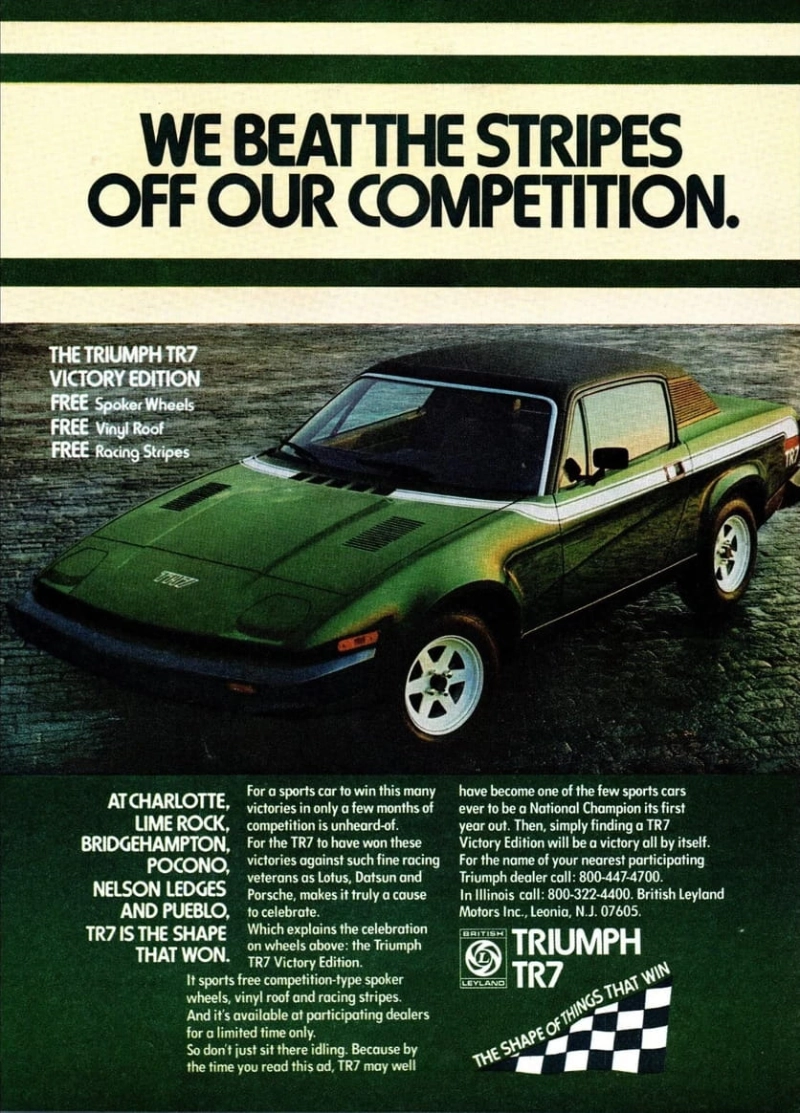 Triumph TR7 vintage auto ad; We beat the stripes off the competition
